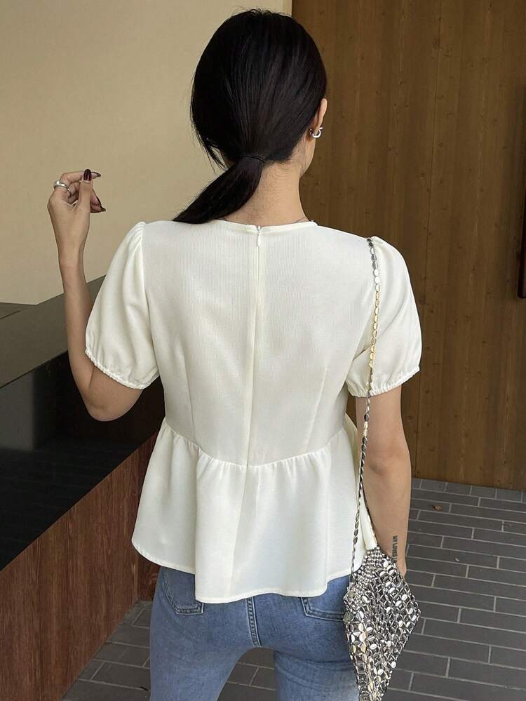 Textured Puff Sleeve V-Neck Women's Shirt, Casual Minimalist Design For Daily Wear