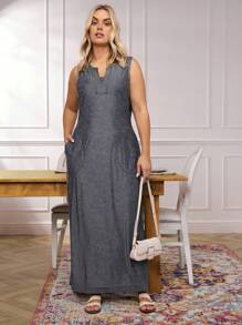 SHEIN LUNE Plus Size Sleeveless Pocket Design Casual Long Dress Sundress Boho/Bohemian,Holiday Outfits,Resort Dress - Dark Grey - View 4