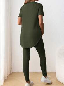 SHEIN Maternity Casual Round Neck Short Sleeve Side Slit T-Shirt & Elastic Waist Loose Pants 2 Pieces Set Casual Two Pieces Set - Army Green - View 4