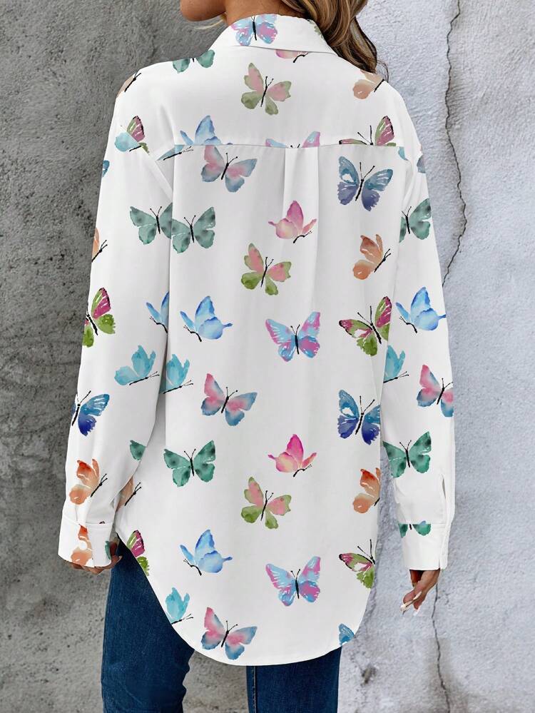 Casual Loose Butterfly Pattern Long Sleeve Blouse For Women, Suitable For Summer , Going Out Top Women Vacation Woman