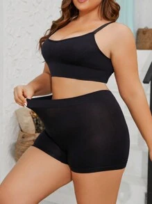 Plus Size Solid Color Spaghetti Strap Minimalist Tank Top And Shorts Casual Pajamas Set