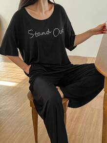 DAZY Conjunto de ropa de estar en casa acogedora de punto con decoración de strass en forma de letra - Negro - Ver 3