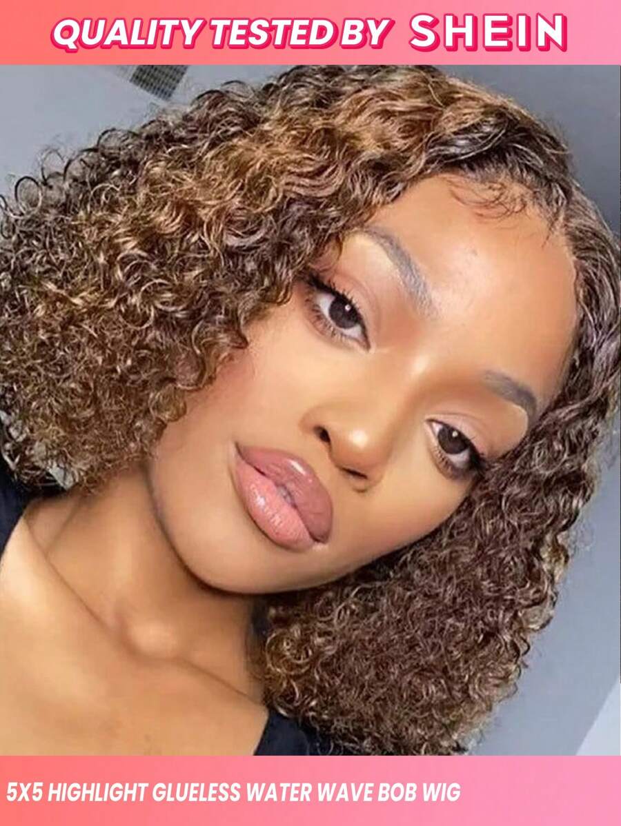 非膠水BOB短卷水波鬆緊編鬆緊編人髮鬆緊編頭套5x5蕾絲封閉頭套P4/27漸層高光金色自然亮黃色即戴式女士鬆緊編 - S4/27 - 查看 1