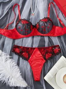 2件套女士蕾丝刺绣钢圈内衣文胸和内裤套装