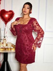 SHEIN Frenchy Váy midi tay loe cổ vuông bó sát màu đỏ Valentine Da YSpring cỡ lớn cho năm mới - Đỏ - Xem 4