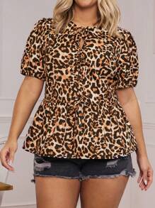 SHEIN LUNE Plus Size Front Tie Short Sleeve Leopard Print Simple Casual Shirt Mardi Gras/Rave Outfits