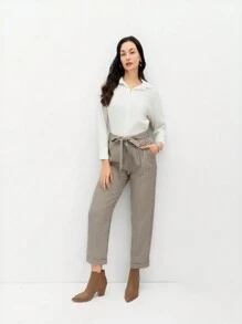 SHEIN LUNE 情人节女士格子系带腰口袋细节直筒休闲裤，办公室/通勤装 - 卡其色 - 查看 6