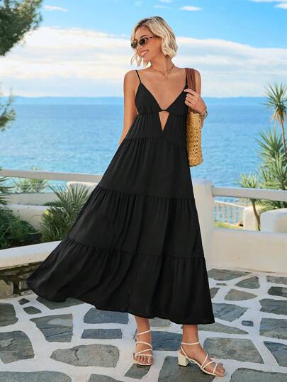 Women Summer Beach Cut Out Front Ruffle Hem Cami Maxi Black Dress,Summer Dresses For Women
