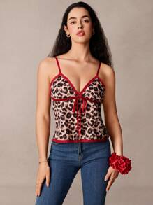 SHEIN Frenchy 女士豹纹撞色蕾丝吊带背心 - 彩色 - 查看 4