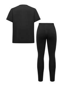 2pcs/Set Teenage Girls Casual Sports T-Shirt And Fitted Legging Pants Set, Knit Material