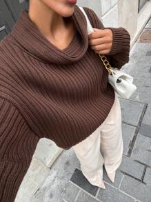EURMUSE Women Cool Elegant Casual Drop Shoulder Oversize Brown Rib Soft Sweater - Brown - View 4