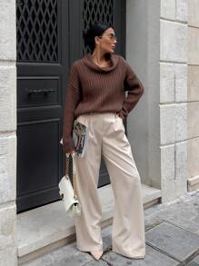 EURMUSE Women Cool Elegant Casual Drop Shoulder Oversize Brown Rib Soft Sweater - Brown - View 6