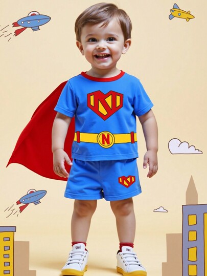 SHEIN Persoplay Kids 3pcs Baby Boy Casual Cute Blue Cartoon Character Cosplay Outfit Set: Short Sleeve T-Shirt, Elastic Waist Shorts, Red Cape, Spring/Summer
