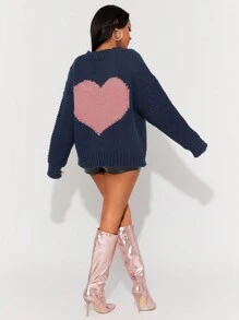 SHEIN SXY Loose Fit Long Sleeve Heart Pattern Casual/Date Night Sweater For Valentine's Day - Navy Blue - View 6