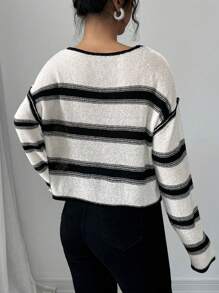 SHEIN Unity Suéter de mujer casual de manga larga con hombros caídos y bloques de color a rayas, suéter de punto de otoño/invierno - Albaricoque - Ver 2