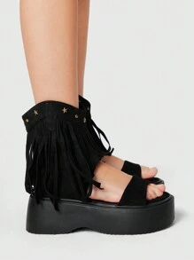 ROMWE Fairycore Women's Retro Rock Punk Goth High Top Zipper Fringe Sandals, Roman Beach Wedge Thick Bottom Sandals Spring Shoes Spring Break Easter - Black - View 3