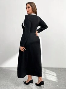 Mulvari 大码女式撞色纽扣设计长袖优雅毛衣连衣裙，适合秋冬季 - 黑與白 - 查看 3