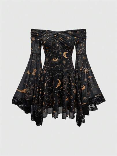 Gothic Retro Mysterious Star & Moon Allover Print Off Shoulder Bell Sleeve Mesh A-Line Dress