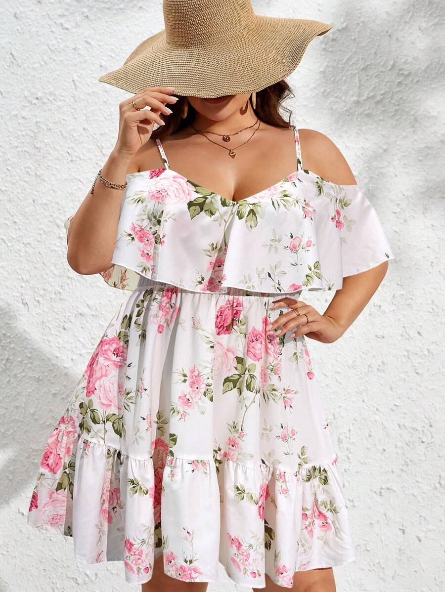 SHEIN VCAY 大码波西米亚风花卉印花露肩休闲连衣裙，简约时尚，适合夏季日常穿着