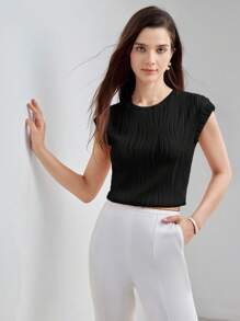 MOTF PREMIUM TEXTURED KNIT CAP SLEEVE TOP - Black - View 3