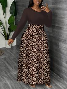 Slaydiva 休闲简约全身豹纹大码连衣裙，秋冬