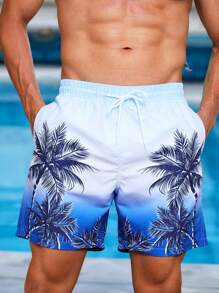 Surfspeed Men's Palm Tree Print Drawstring Waist Pockets Beach Shorts (Asymmetric Printing) - Blue - View 1
