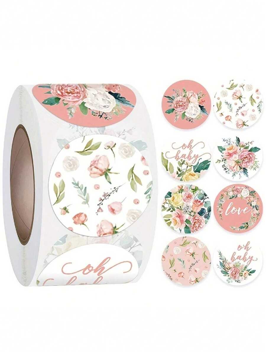 SHEIN 500 张/卷花朵图案感谢贴纸，防水不干胶标签，适用于礼品、包装和盒子密封 - 彩色 - 查看 1