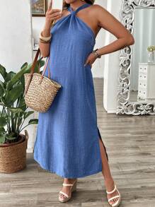 SHEIN LUNE Váy dài vừa phải in họa tiết denim cỡ lớn quai mảnh - Màu xanh lam - Xem 3