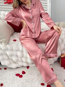 Women's Solid Color Long Sleeve Top & Pants Pajama Set, Casual & Fashionable For Everyday, Vacation