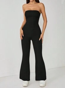 SHEIN PETITE Mono de mujer con falda acampanada de costilla acanalada sin tirantes de unicolor para uso diario - Negro - Ver 6