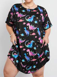 SHEIN CURVE+ Plus Size Summer Colorful Dinosaur Short-Sleeved Dress, Casual Cartoon Pattern Print, Cute