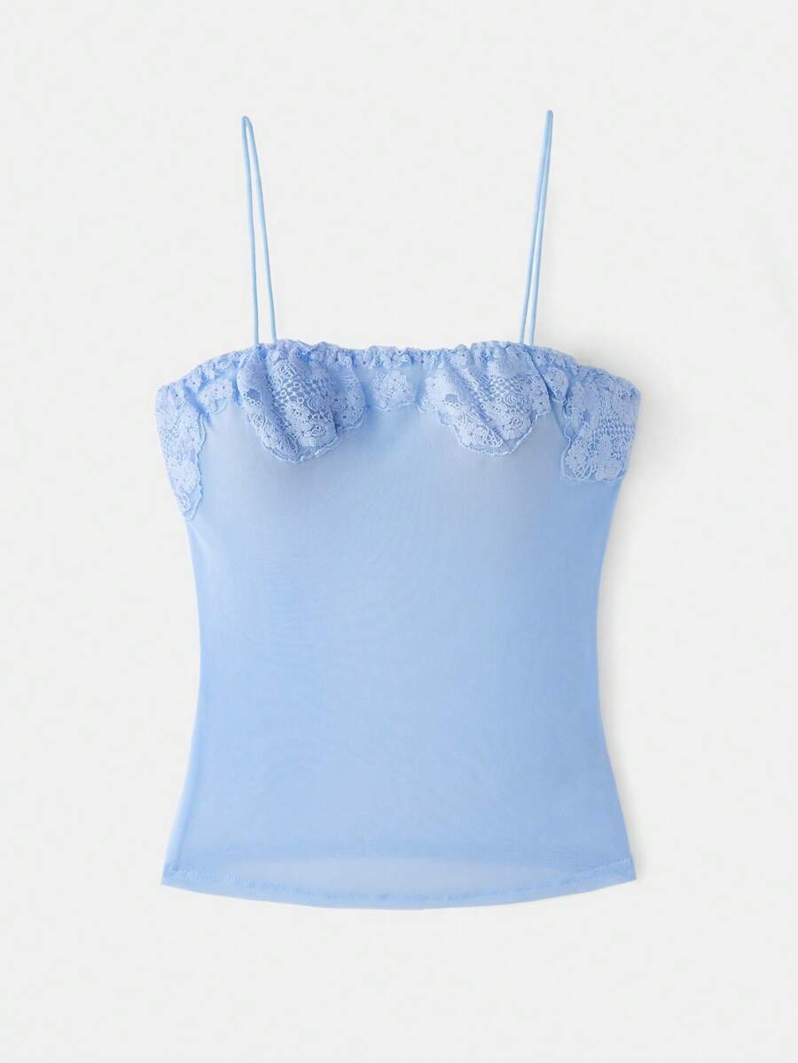 SHEIN 女士纯色蕾丝拼接修身吊带背心 - 淺藍色 - 查看 1