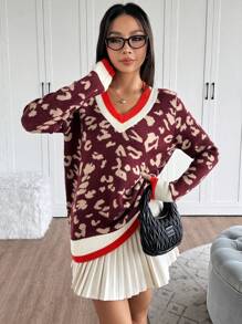 Chiquease Jersey de mujer de cuello en V a rayas con estampado de leopardo de manga larga, suéter de punto de otoño/invierno