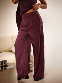Athîral 女士简约褶皱条纹休闲长裤，适合日常穿着 - 酒紅色 - 查看 1