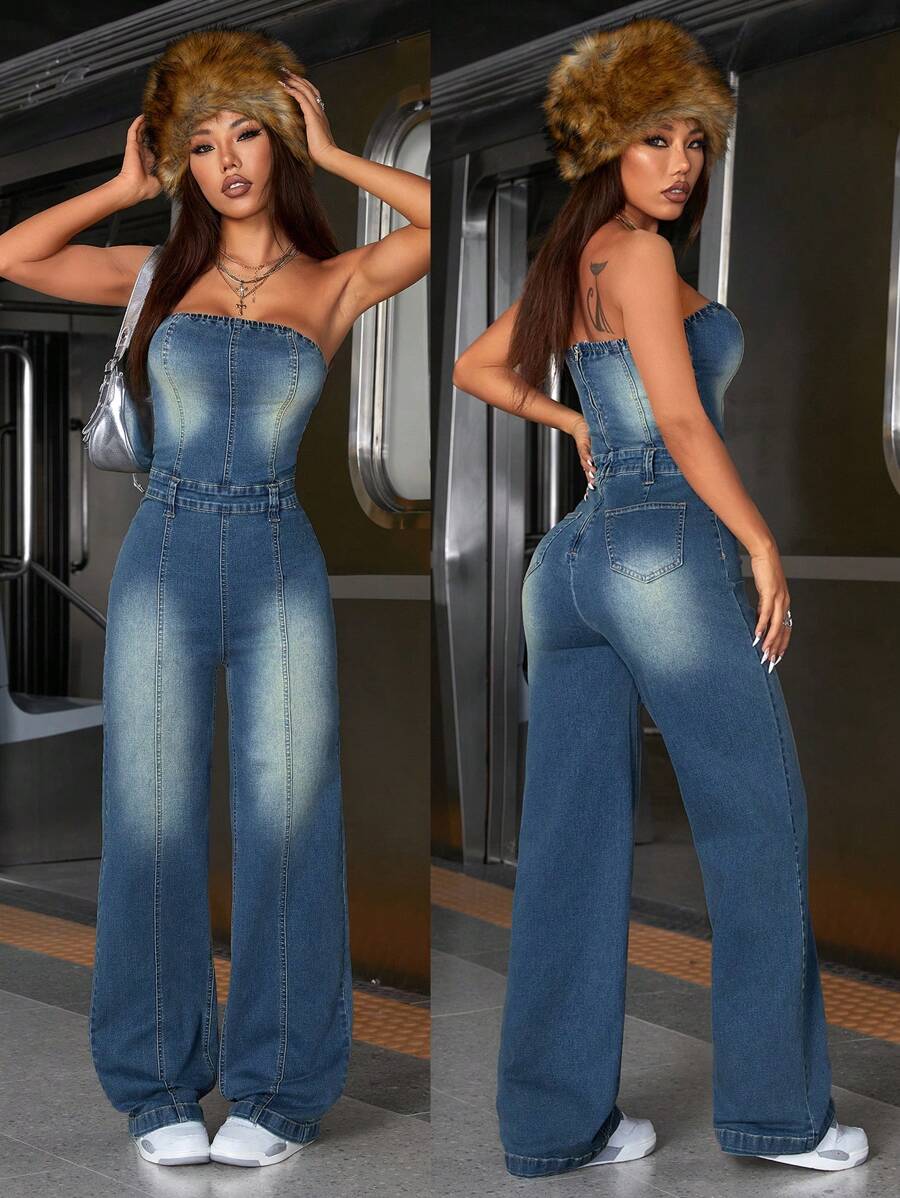 SHEIN ICON 女士牛仔连身裤，休闲修身款 - 中等水洗藍 - 查看 1