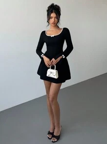 Aloruh Damen Minikleid mit Schleifenbesatz und Langarm - Schwarz - Übersicht 6