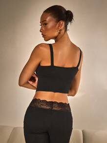 Athîral Women's Solid Black Color Contrast Lace Fitted Camisole Top - Black - View 5