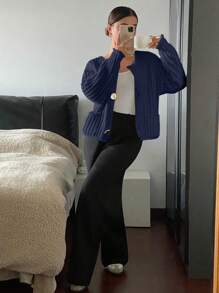 Siren Gaze Women's Solid Color Front Button Long Sleeve Simple Casual Blouse For Daily Wear - Navy Blue - View 6