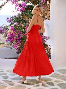 Vivid Eden Solid Ruched Bust Ruffle Hem Cami Dress,Vacation Outfits For Women - Red - View 3