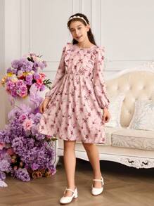 SHEIN 1 chiếc váy dài tay in hoa cổ tròn viền bèo nhún thời trang thường ngày cho bé gái tuổi teen (2 bộ trang phục gia đình đồng bộ được bán riêng) - Bụi hồng - Xem 3
