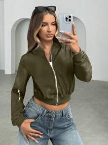 Siren Gaze Zipper Detail Solid Bomber Jacket In Fall/Winter Green Green - Army Green - View 1