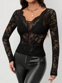SHEIN Tall Floral Lace Scallop Trim Top Without Bra