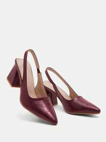 CUCCOO BIZCHIC Burgundy Stone Texture Back Strap Chunky Heel Pointed Toe Pumps, Fashion Dress Pumps For Work, Date, Party, Vacation Spring Shoes Spring Break Easter For Christmas - Burgundy - View 6