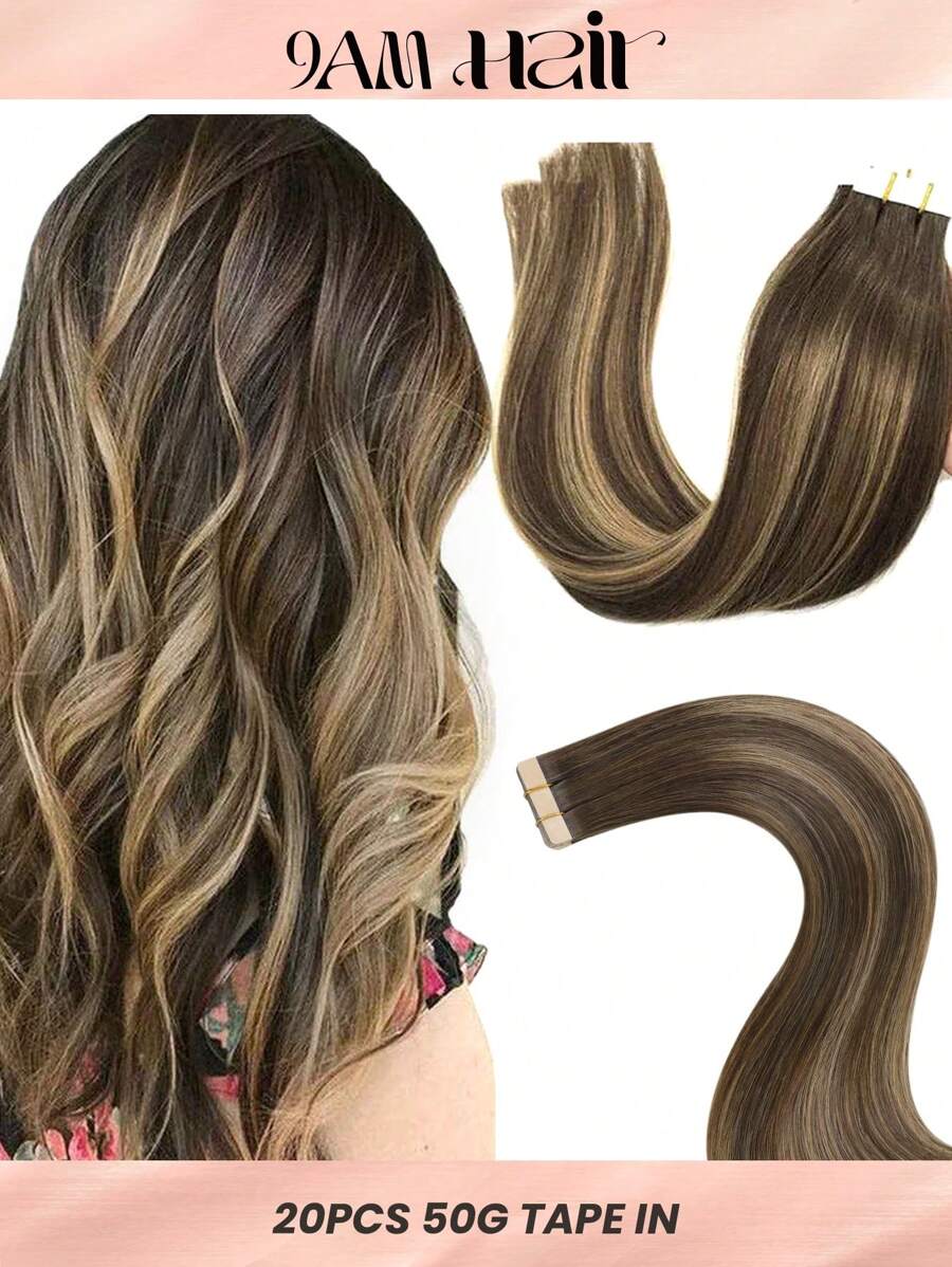 20PCS Straight Tape In Human Hair Extensions 100% Real Remy Human Hair 14-24inches Natural High Quality 50G/Pack For Salon Silky Seamless Invisible PU Tape In Hair Extensions - S4/27/4 - View 1