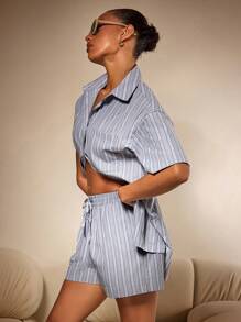 Athîral 2pcs Set Women Blue Linen Textured Stripe Short Sleeve Shirt And Short Set