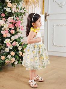 SHEIN Baby Girl Solid Color Patchwork Lace-Up Casual Dress - Yellow - View 6