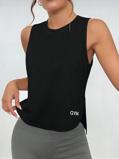 Exploreva Geometric Jacquard Hollow-Out Shoulder Asymmetrical Hem Sports Tee Workout Tank Top