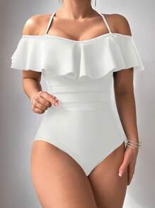 SHEIN Swim 1 pieza Traje de baño de una sola pieza de tiras delgadas y ajustado, de color liso y casual para mujer, de verano