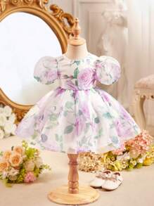 SHEIN 女婴夏季优雅花卉欧根纱蝴蝶结泡泡袖公主裙 - 白色 - 查看 2