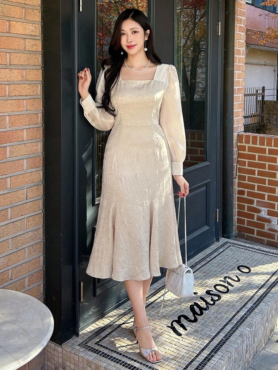 DAZY Color Block Square Neck Balloon Sleeve Mid-Length Women Dress,Ruffle,Dress For Wedding,Fall Dress Long Sleeve Dress - Purple - View 1